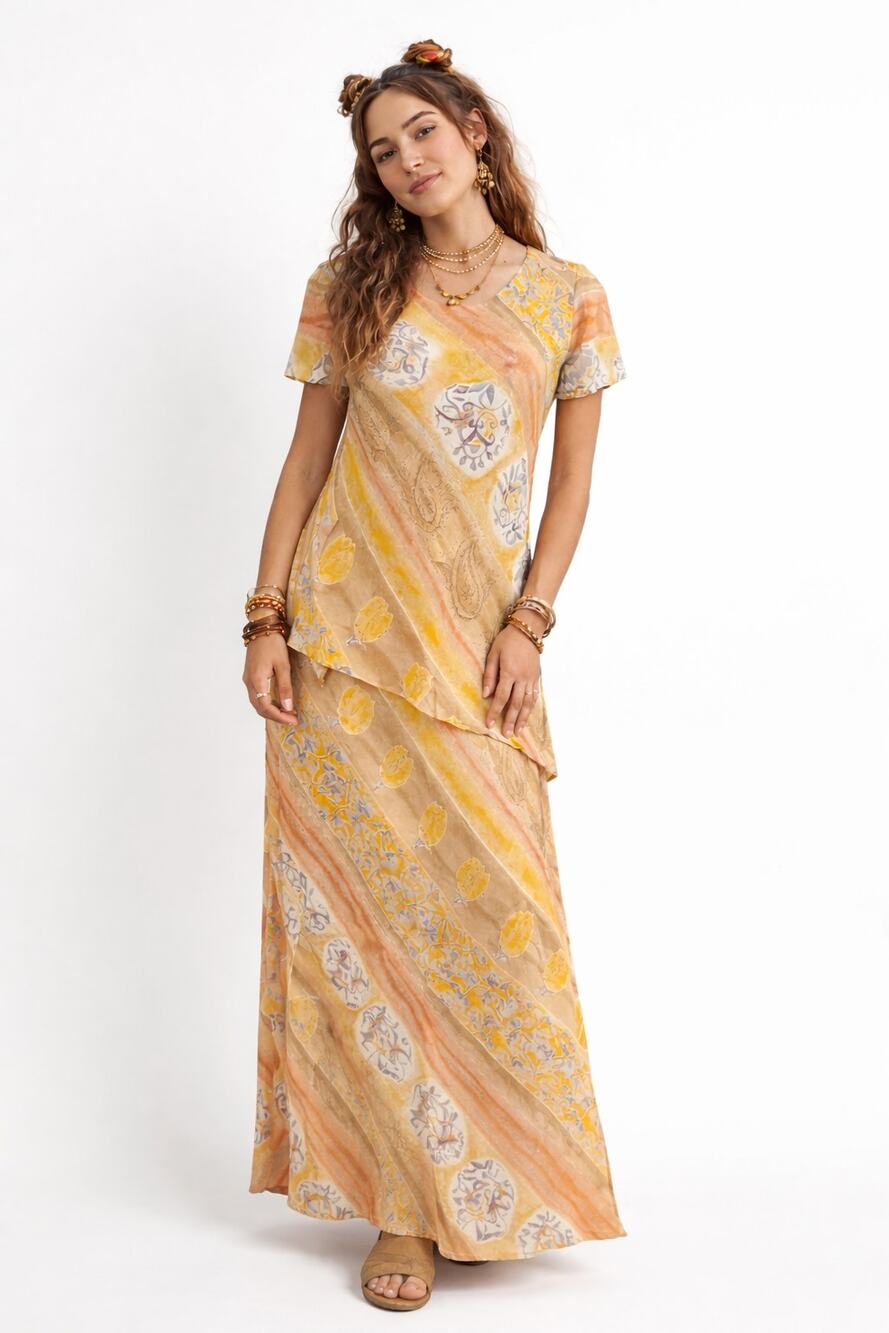 Vintage Rabbit Rabbit Rabbit Maxi Dress Petite 2 Yellow Paisley Layered Fairy